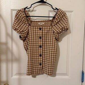 Madewell Brown Checkered Puff Sleeve Top